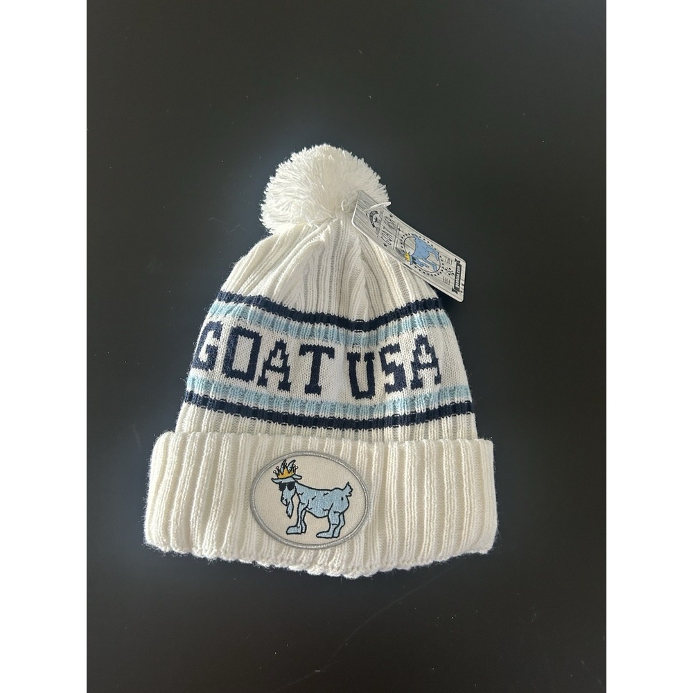 GOAT USA NEW White Striped Pom-Pom Beanie Hat Folded Cuff One Size Animals